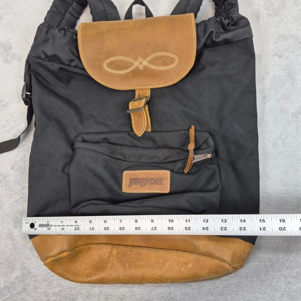 Vintage JanSport Backpack Black Canvas Tan Leather Bottom Rucksack Made in USA